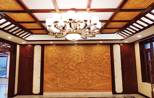 东山中式别墅客厅中式木作横梁吊顶装饰展示